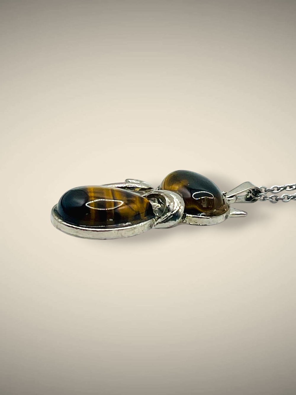 Cute Tiger Eye Natural Stone Cat Kitten Pendant Necklace Silver Tone - Picture 9 of 16